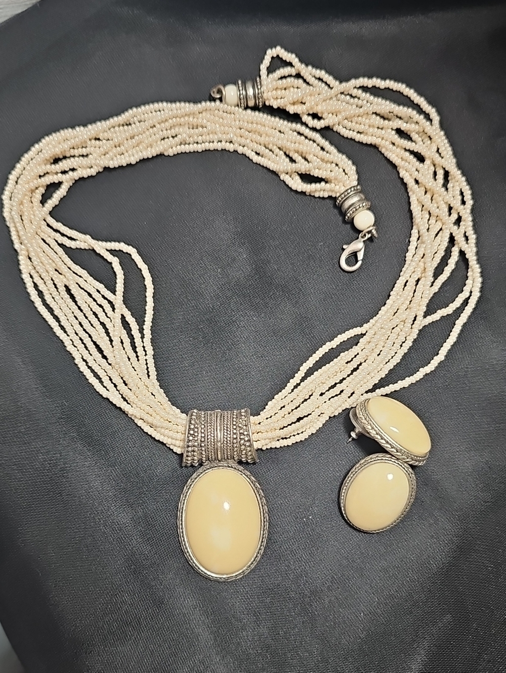 Elegant Cream Bead Multi-Strand Necklace and Earring Set